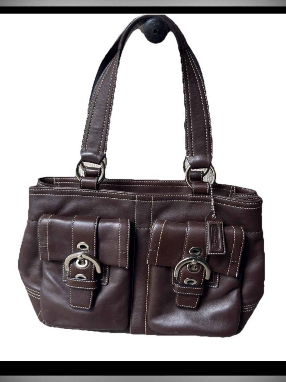 Vintage Coach Soho Brown Leather Double Buckle Pocket Shoulder Bag Y2K
